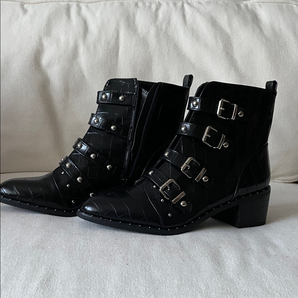Catherine Malandrino Black Croc-Embossed Buckle Boots - Picture 1 of 6